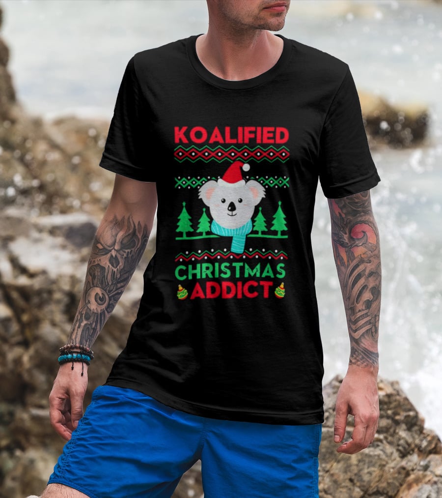 Koalified Koala Christmas Addict Ugly Sweater Style Design With Santa Hat And Christmas Trees T-Shirt
