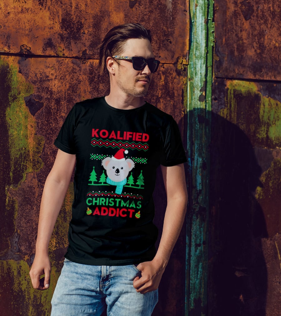 Koalified Koala Christmas Addict Ugly Sweater Style Design With Santa Hat And Christmas Trees T-Shirt