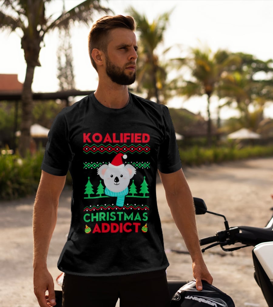 Koalified Koala Christmas Addict Ugly Sweater Style Design With Santa Hat And Christmas Trees T-Shirt
