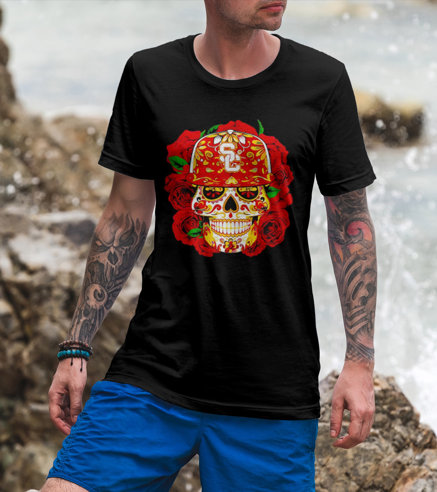 USC Sugar Skull With Roses And Cap T-Shirt