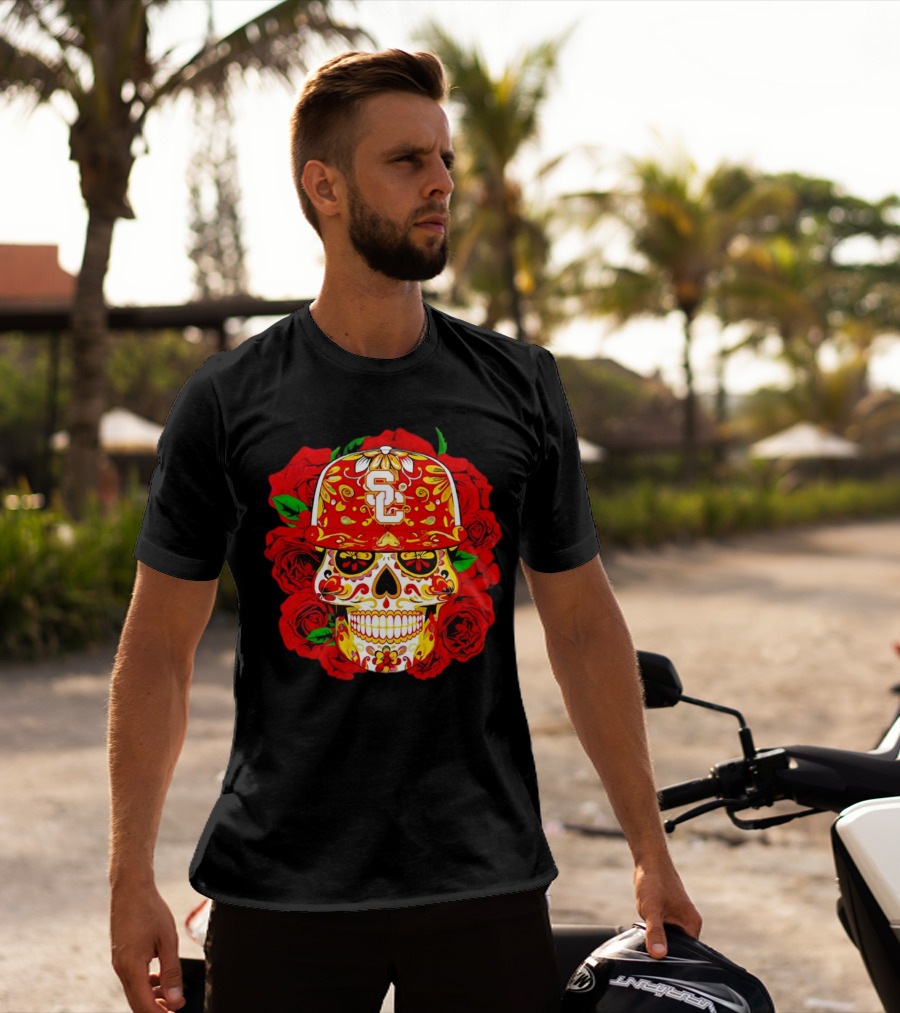 USC Sugar Skull With Roses And Cap T-Shirt