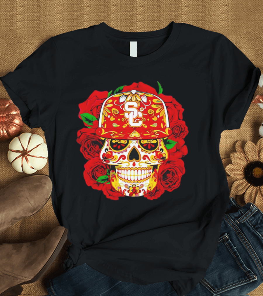 USC Sugar Skull With Roses And Cap T-Shirt