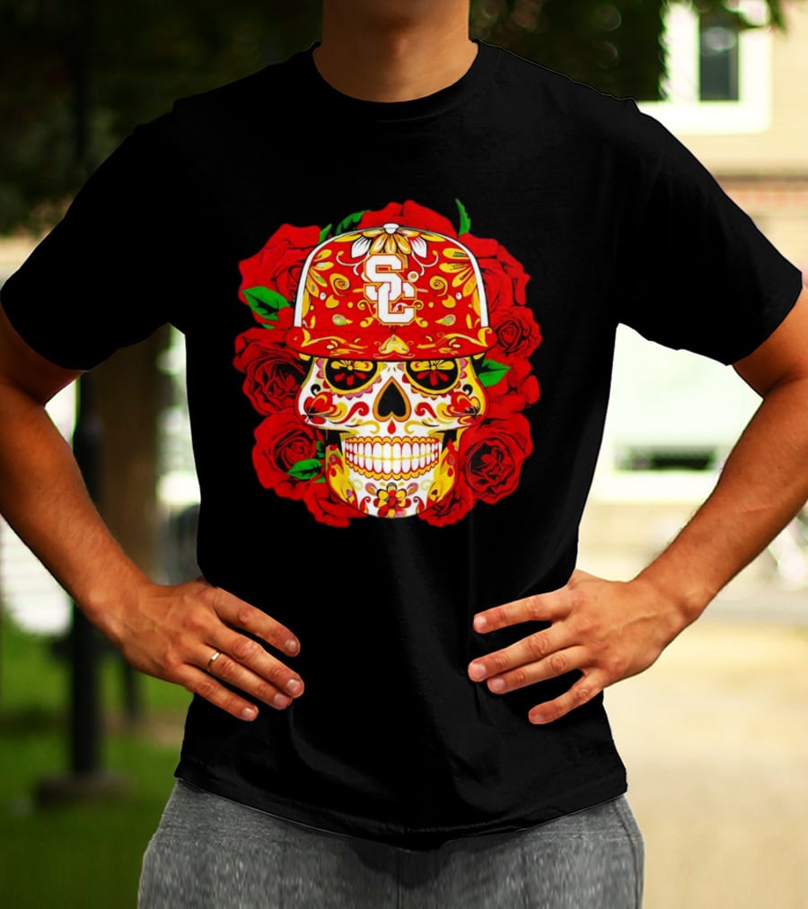 USC Sugar Skull With Roses And Cap T-Shirt