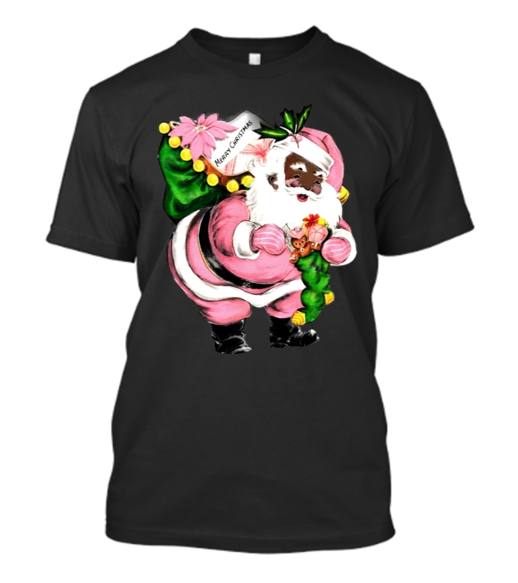 Merry Christmas Pink African-American Black Santa Claus With Gifts T-Shirt