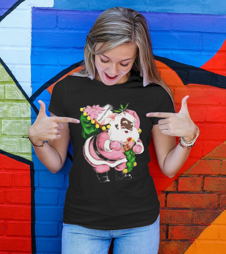 Merry Christmas Pink African-American Black Santa Claus With Gifts T-Shirt