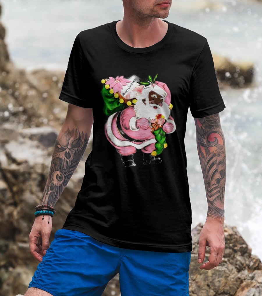 Merry Christmas Pink African-American Black Santa Claus With Gifts T-Shirt