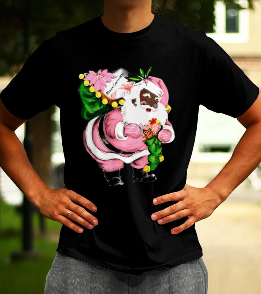 Merry Christmas Pink African-American Black Santa Claus With Gifts T-Shirt