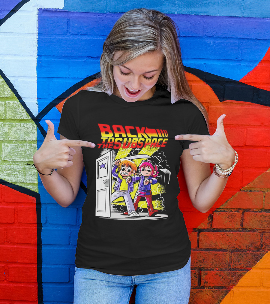 Back To The Subspace Scott Pilgrim And Ramona With Retro Door And Lightning T-Shirt