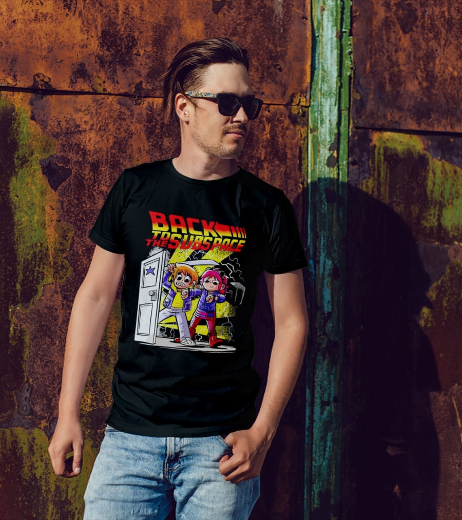 Back To The Subspace Scott Pilgrim And Ramona With Retro Door And Lightning T-Shirt