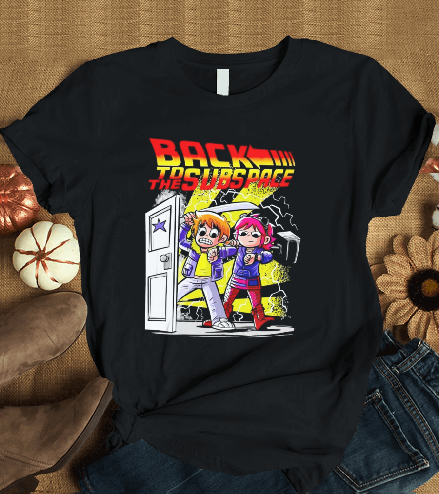 Back To The Subspace Scott Pilgrim And Ramona With Retro Door And Lightning T-Shirt