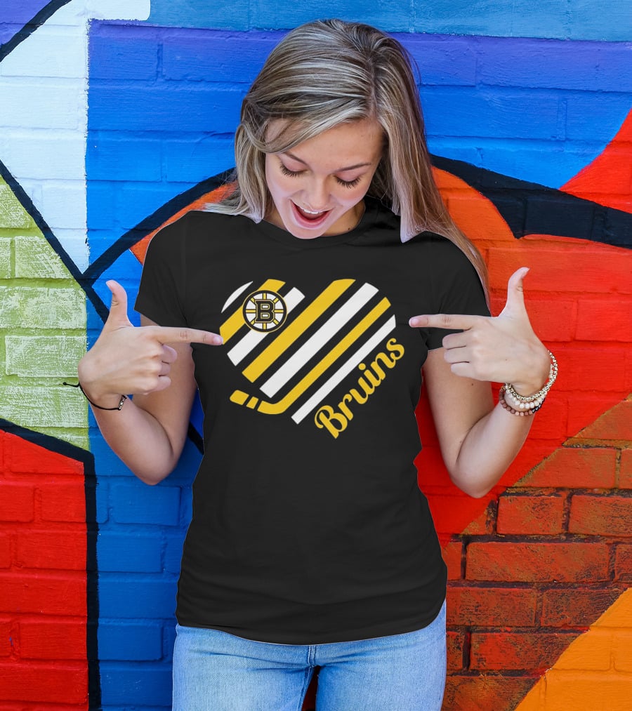Boston Bruins Stripes Heart With Hockey Stick T-Shirt