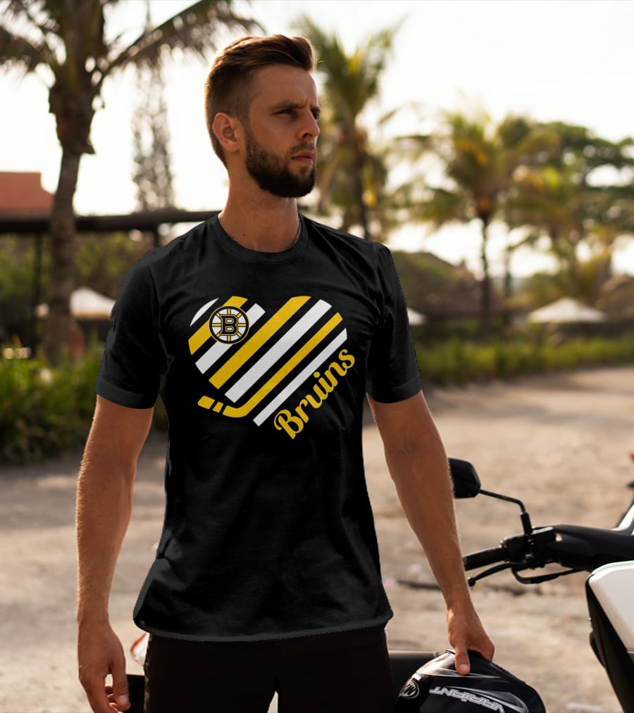 Boston Bruins Stripes Heart With Hockey Stick T-Shirt