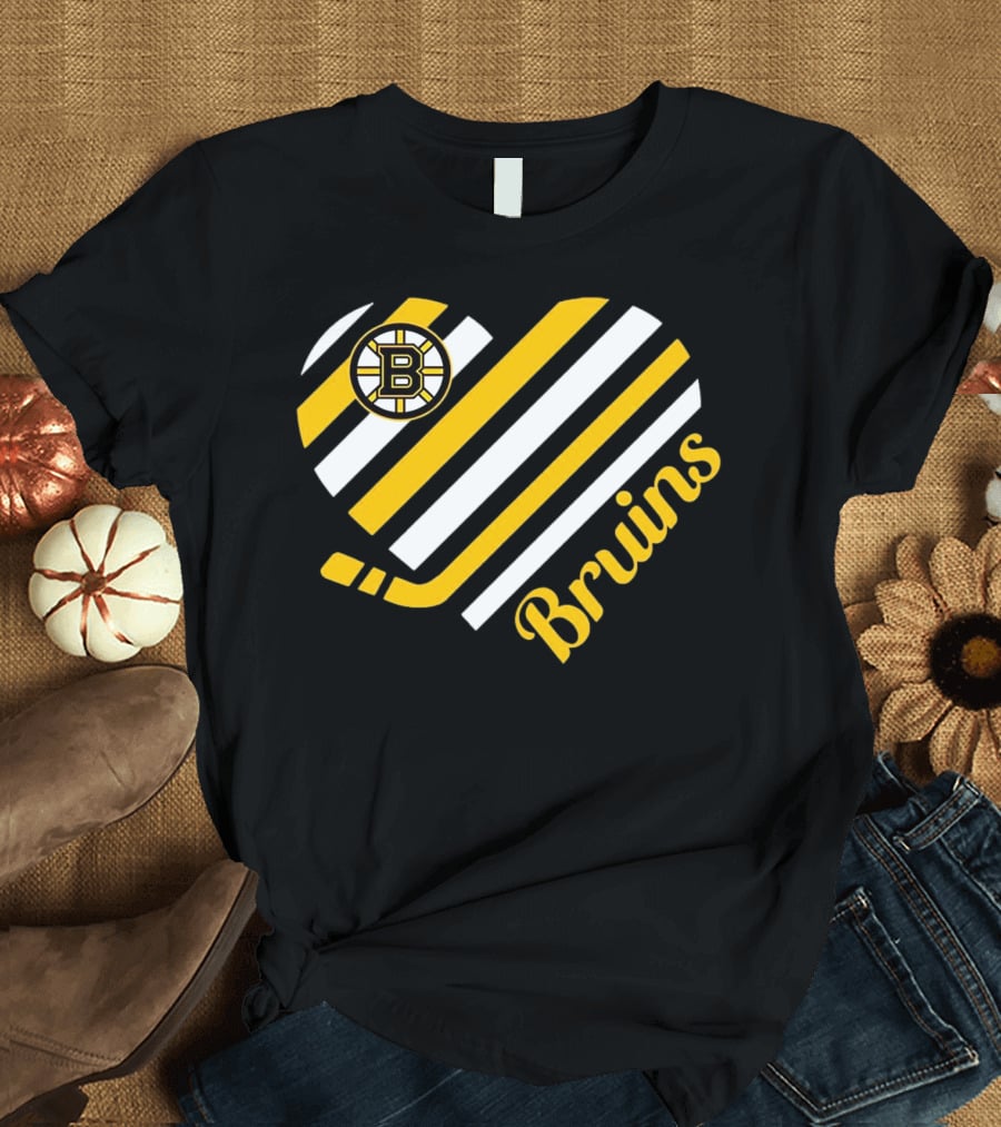 Boston Bruins Stripes Heart With Hockey Stick T-Shirt