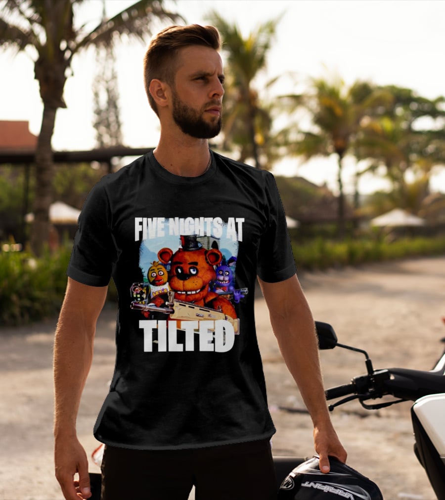 Five Nights At Tilted Freddy Bear Characters With Guns T-Shirt