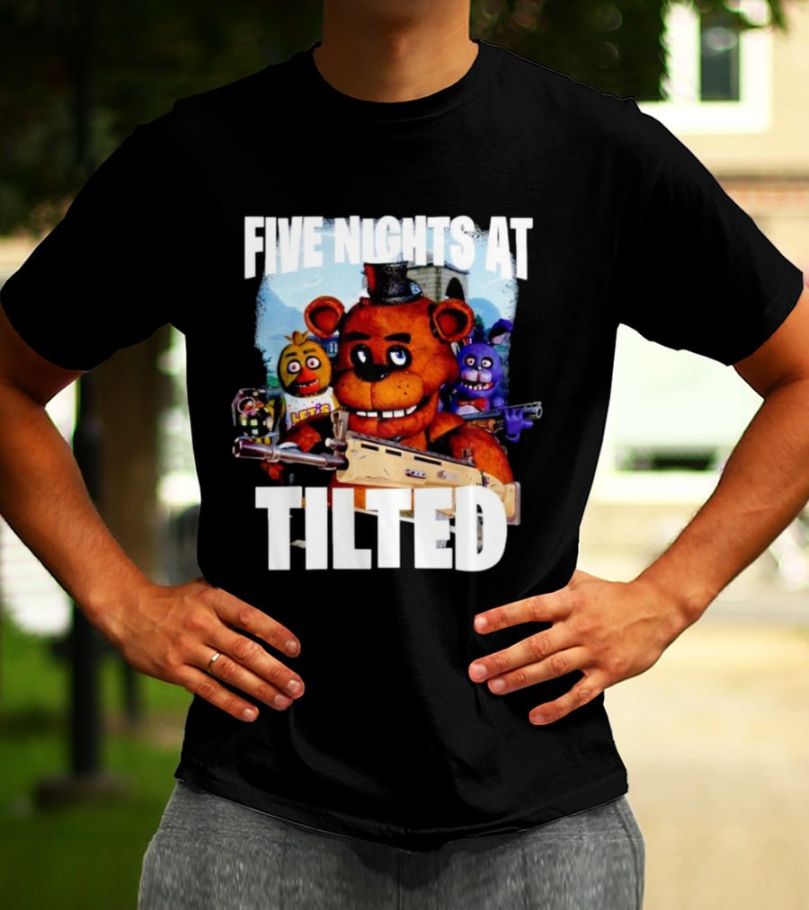 Five Nights At Tilted Freddy Bear Characters With Guns T-Shirt