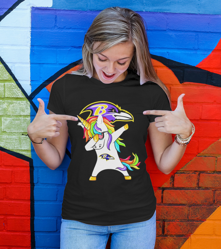 Unicorn Dabbing With Baltimore Ravens Logo And Rainbow Mane T-Shirt