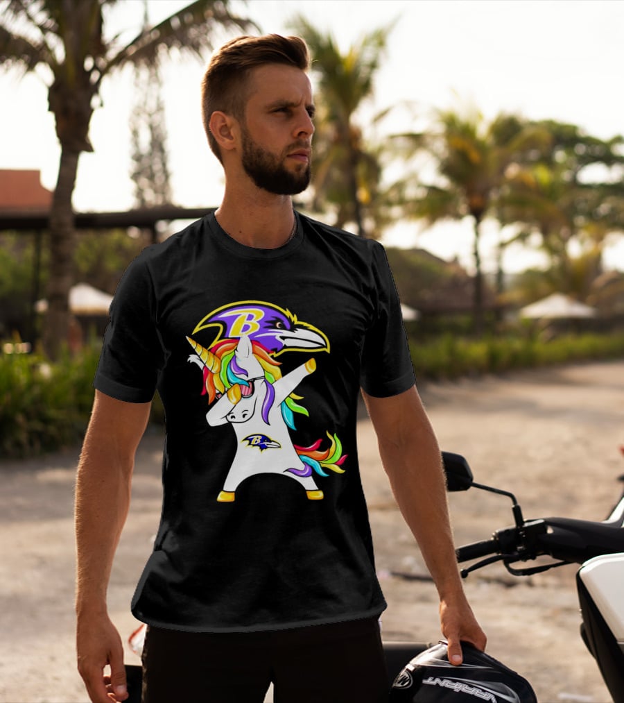 Unicorn Dabbing With Baltimore Ravens Logo And Rainbow Mane T-Shirt