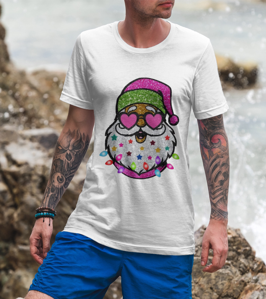 Glittery Pink Santa Claus With Heart Sunglasses And Colorful Stars And Holiday Lights T-Shirt