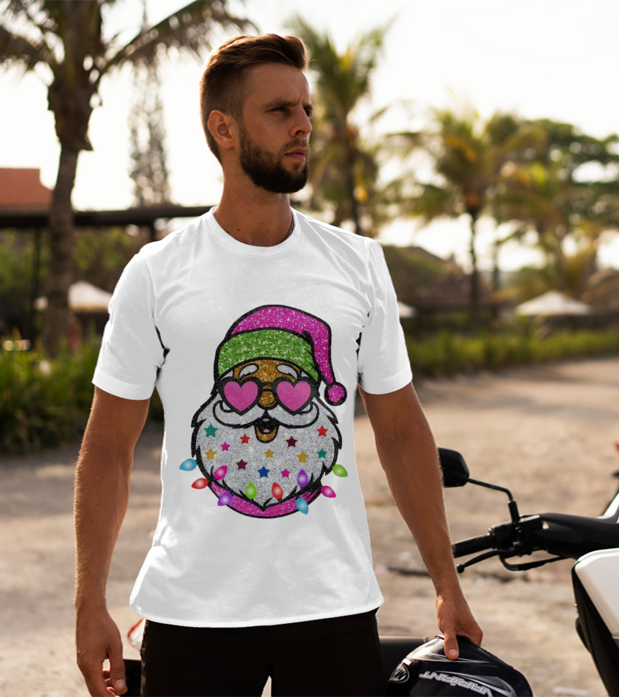 Glittery Pink Santa Claus With Heart Sunglasses And Colorful Stars And Holiday Lights T-Shirt