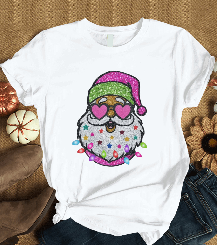 Glittery Pink Santa Claus With Heart Sunglasses And Colorful Stars And Holiday Lights T-Shirt