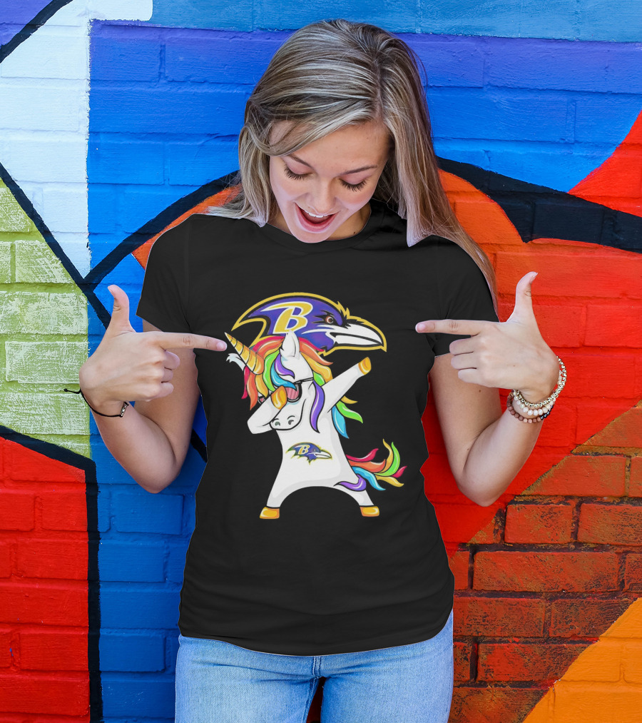 Unicorn Dabbing Baltimore Ravens Emblem Rainbow Colors T-Shirt