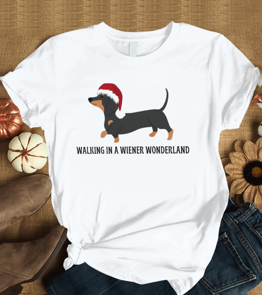 Christmas Walking In A Wiener Wonderland Dachshund With Santa Hat T-Shirt