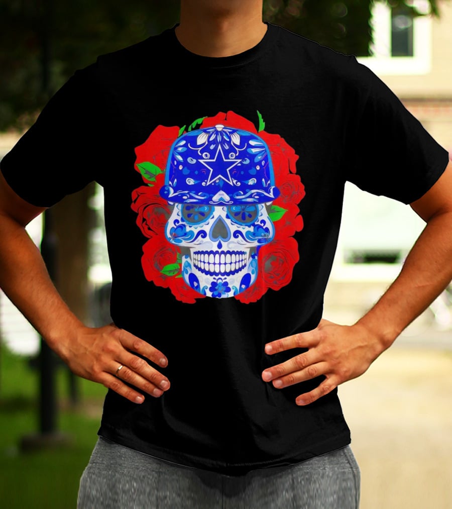 Dallas Cowboys Sugar Skull With Blue Star Hat And Roses T-Shirt