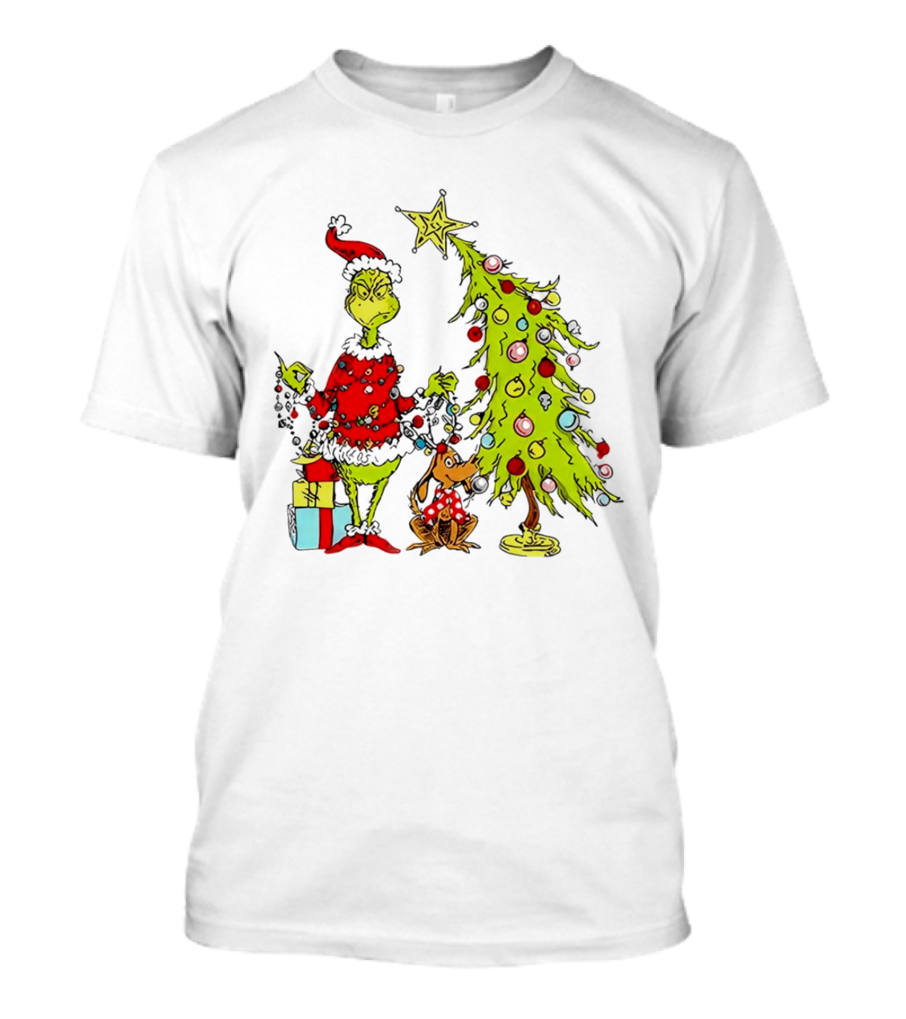 Grinch In Santa Hat And Dog With Christmas Tree And Presents T-Shirt