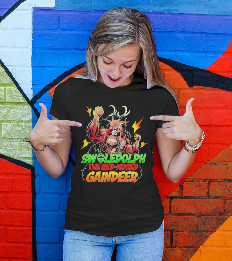 Swoledolph The Red-Nosed Gaindeer Christmas Lights Flexing T-Shirt