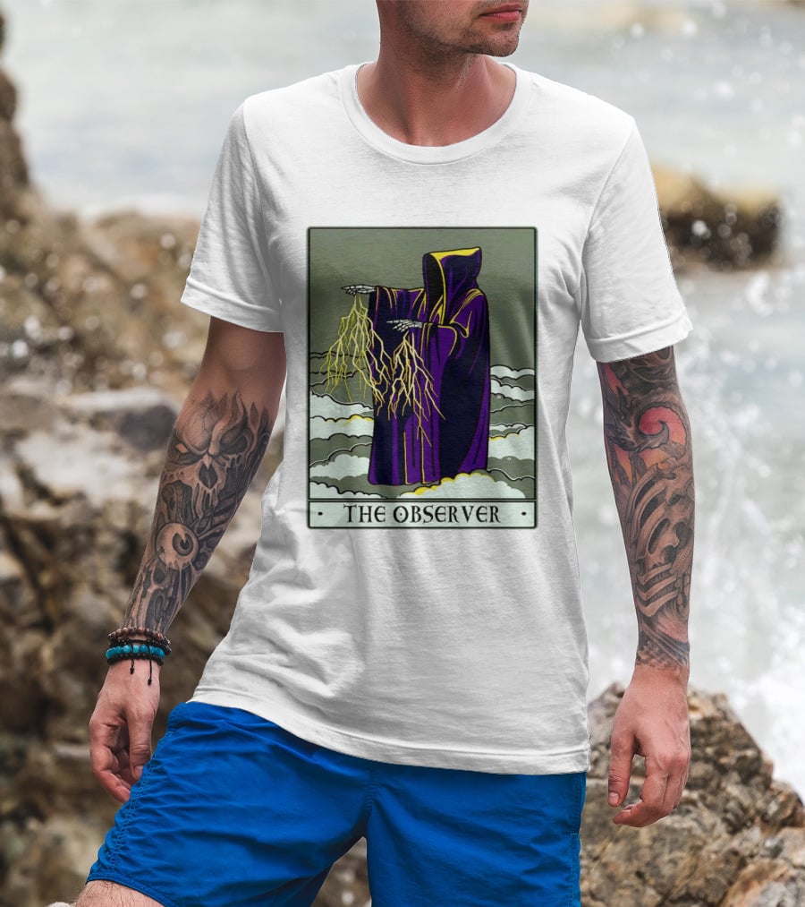 The Observer Hooded Figure With Lightning Tarot Card T-Shirt