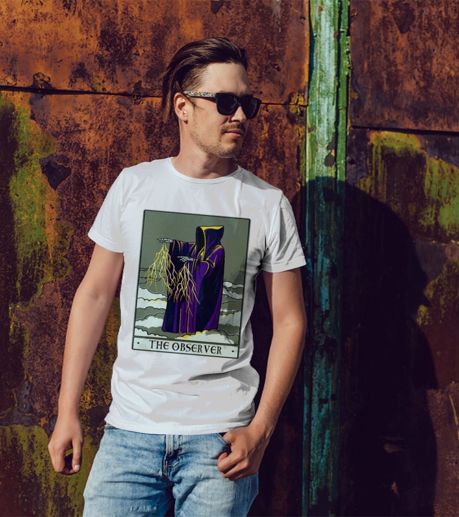 The Observer Hooded Figure With Lightning Tarot Card T-Shirt
