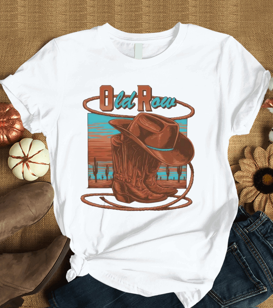 Old Row Western Cowboy Boots And Hat Desert Scene T-Shirt