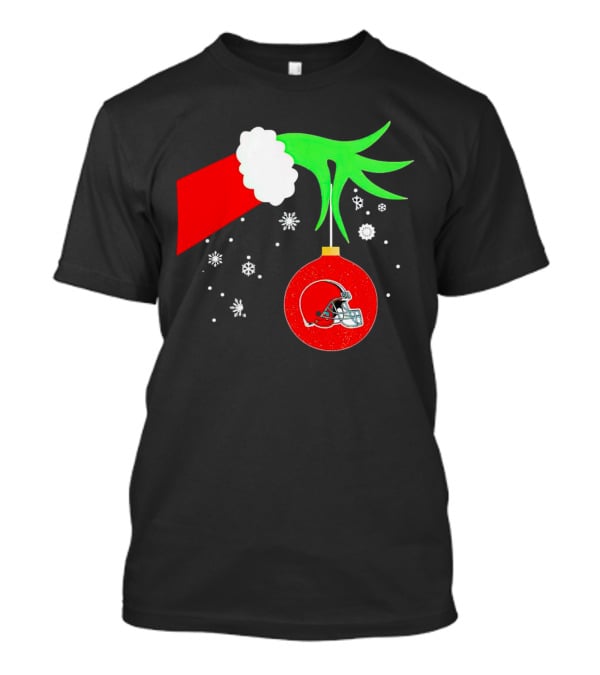 The Grinch Holding Cleveland Browns Ornament With Snowflakes T-Shirt
