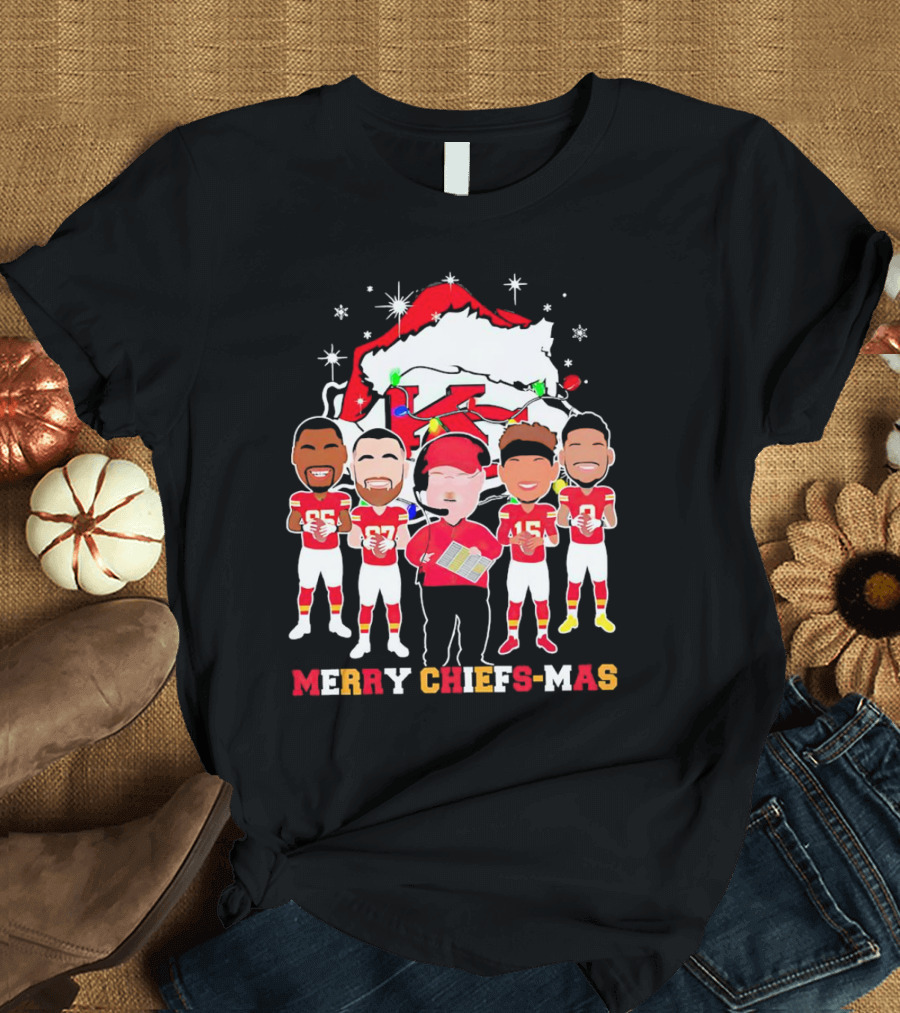 Kansas City Chiefs Merry Chiefs-Mas Christmas NFL Team Festive Cartoon Players And Santa Hat T-Shirt