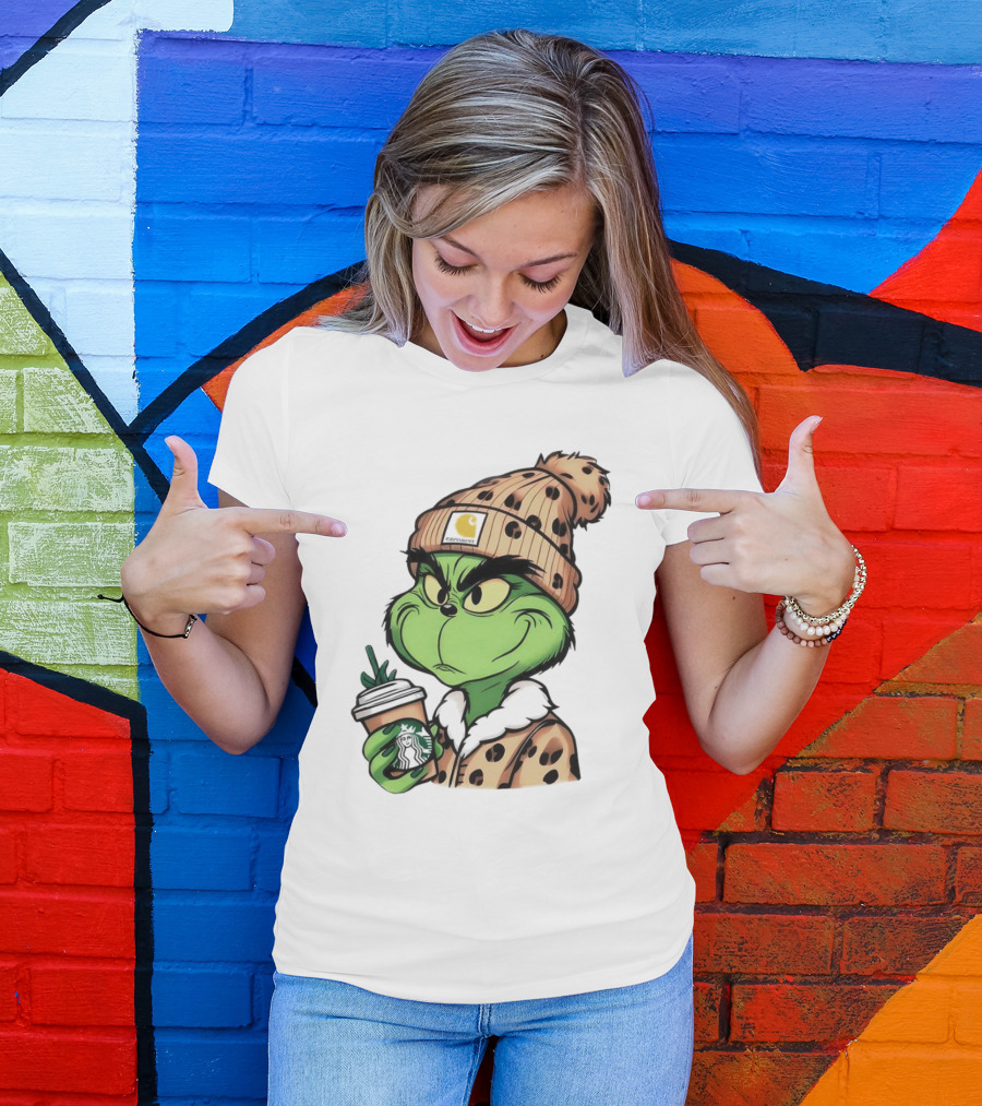 Grinch Boujee Leopard Coffee Cozy Winter T-Shirt