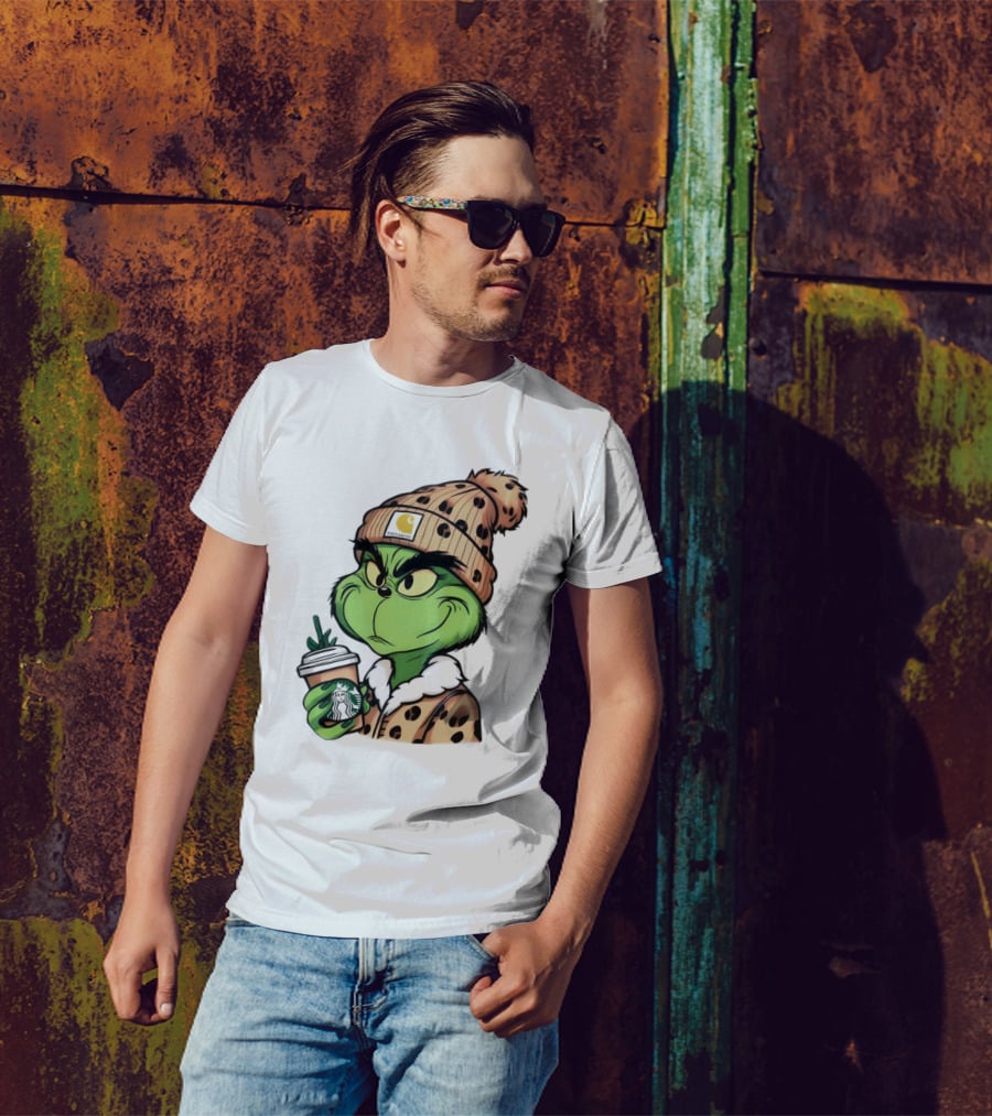 Grinch Boujee Leopard Coffee Cozy Winter T-Shirt