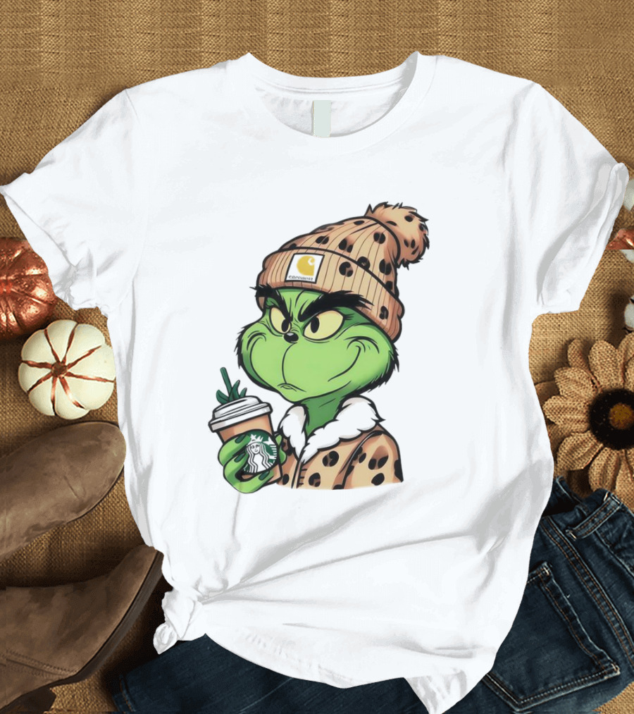Grinch Boujee Leopard Coffee Cozy Winter T-Shirt