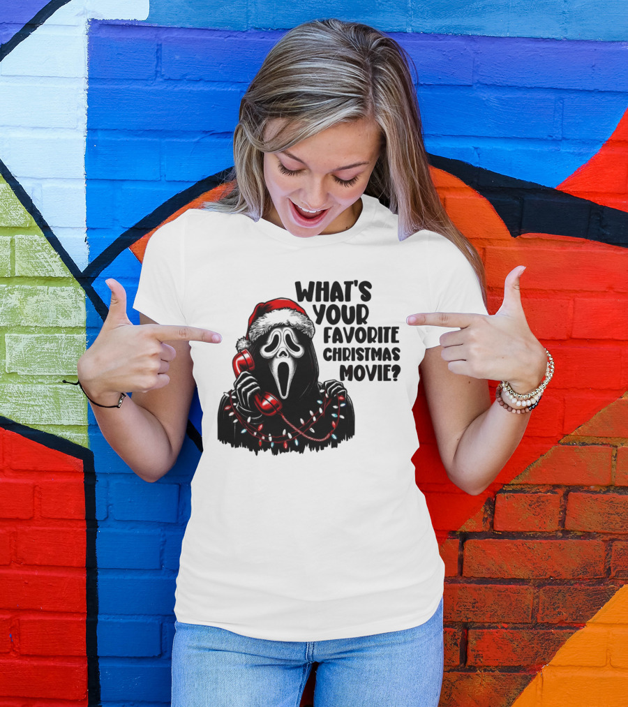 Ghostface What's Your Favorite Christmas Movie Festive Horror Santa Hat Phone Lights T-Shirt
