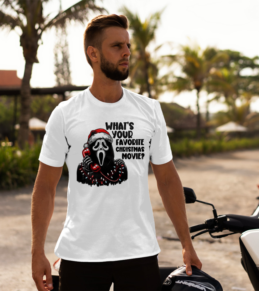 Ghostface What's Your Favorite Christmas Movie Festive Horror Santa Hat Phone Lights T-Shirt