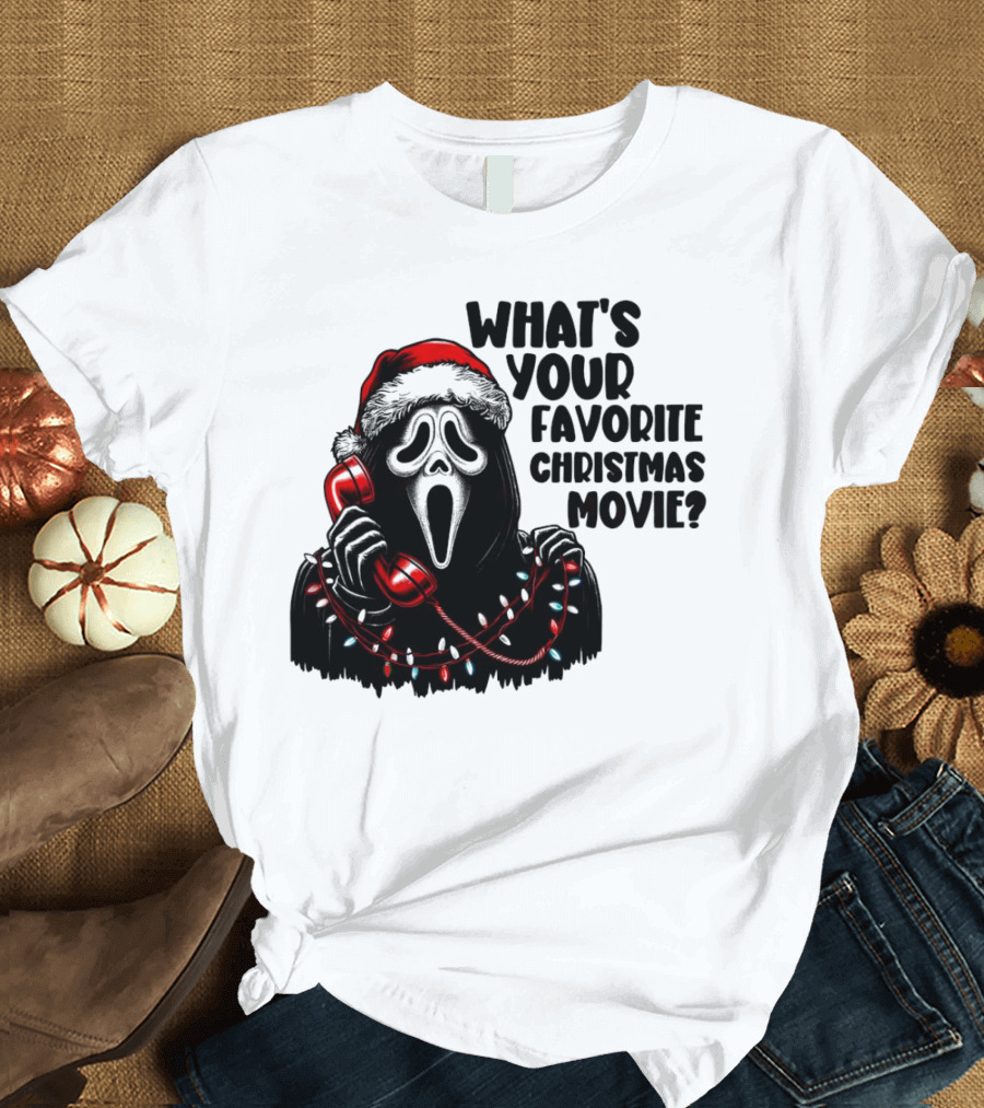 Ghostface What's Your Favorite Christmas Movie Festive Horror Santa Hat Phone Lights T-Shirt