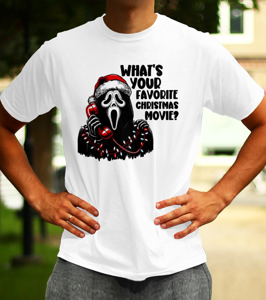 Ghostface What's Your Favorite Christmas Movie Festive Horror Santa Hat Phone Lights T-Shirt