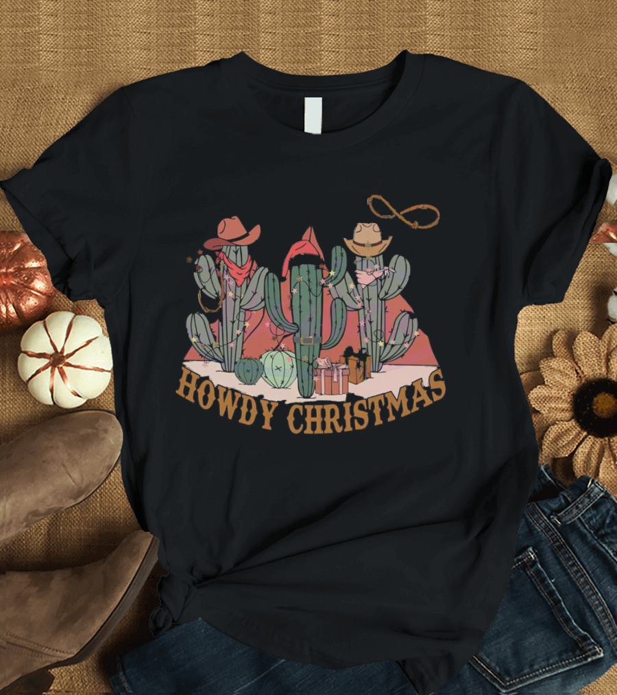 Howdy Christmas Cactus Cowboy Hats And Lasso Holiday Scene T-Shirt