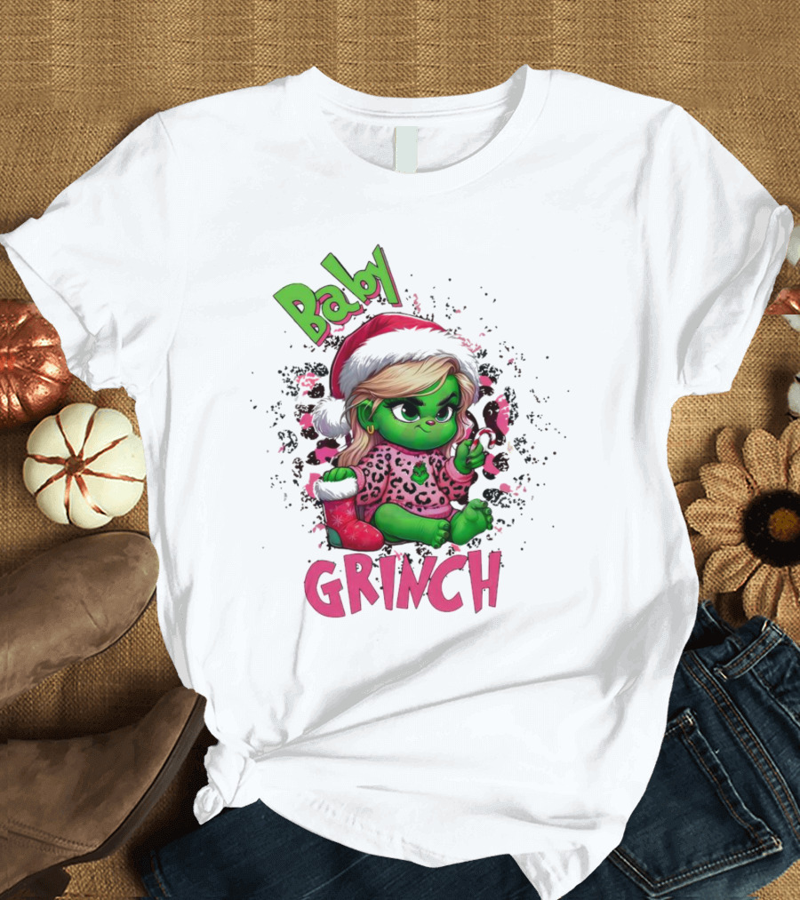 Baby Grinch Pink Leopard Christmas T-Shirt