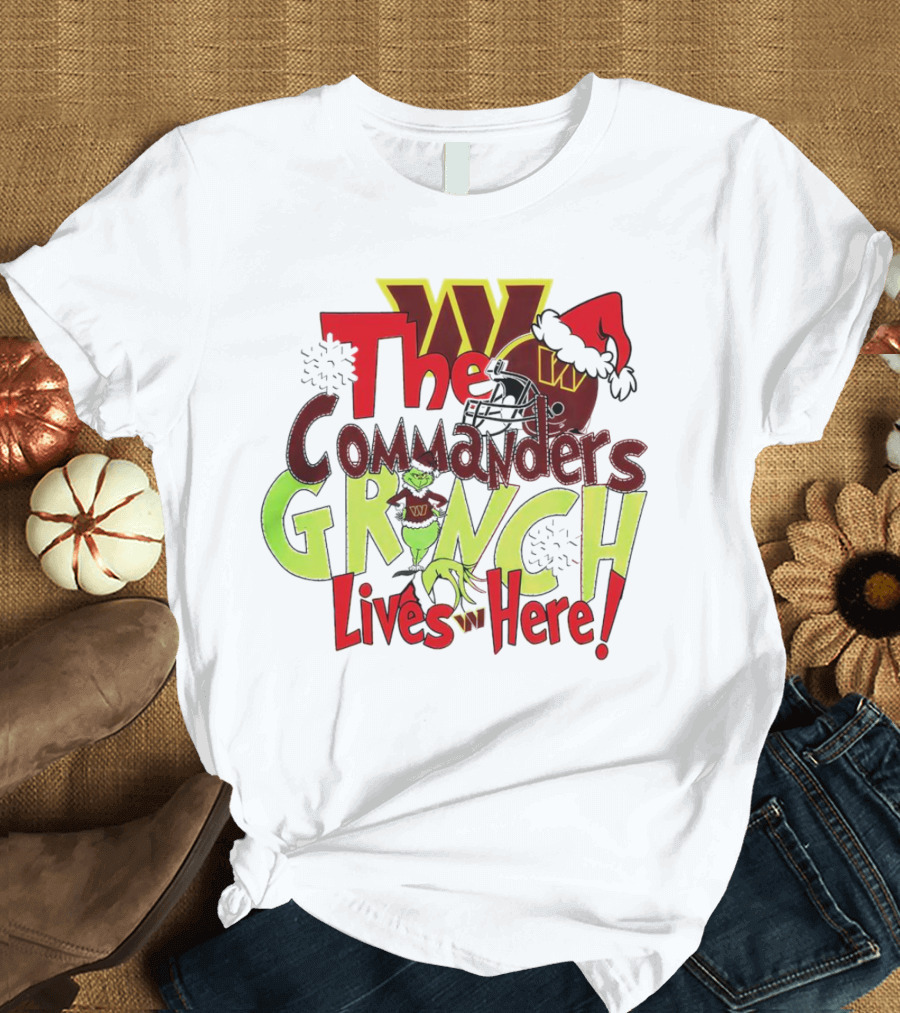 Washington Commanders Grinch Lives Here Christmas Football Holiday Cheer T-Shirt