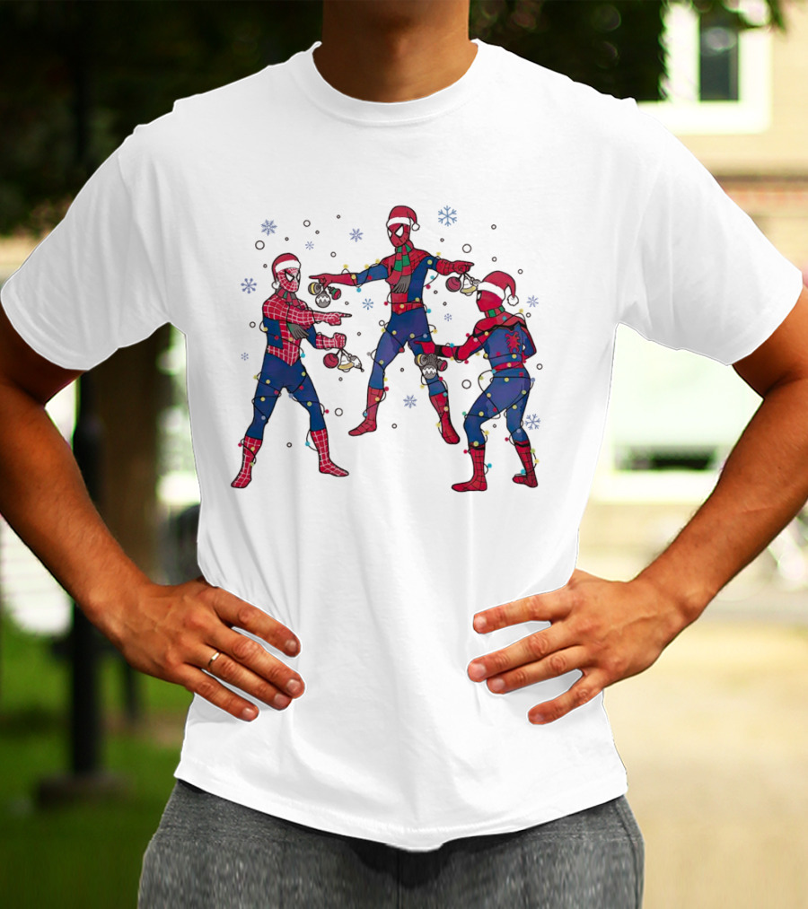 Funny Marvel Three Spiderman Meme Santa Christmas Lights Snowflakes T-Shirt