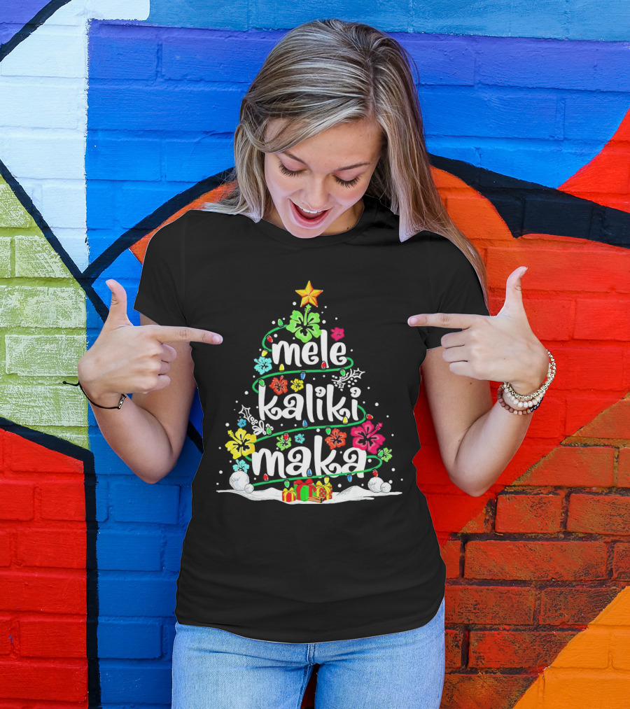 Mele Kalikimaka Christmas Tree With Flowers And Gifts T-Shirt