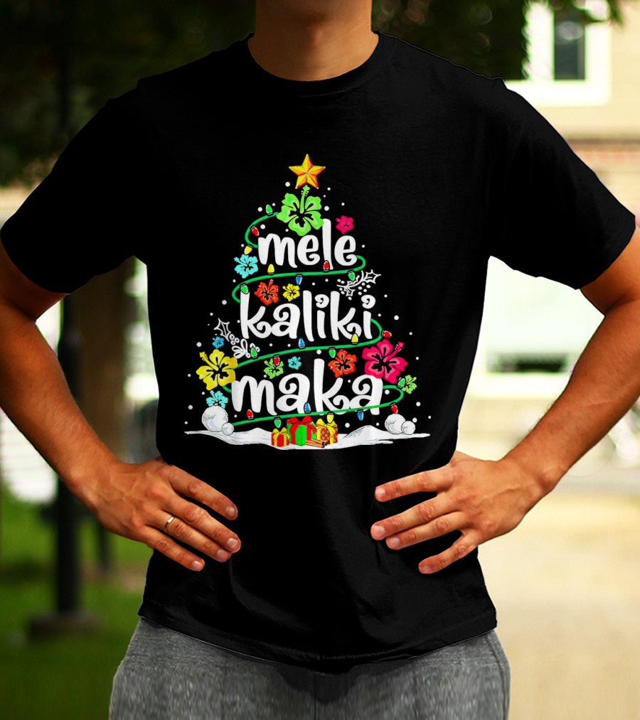 Mele Kalikimaka Christmas Tree With Flowers And Gifts T-Shirt