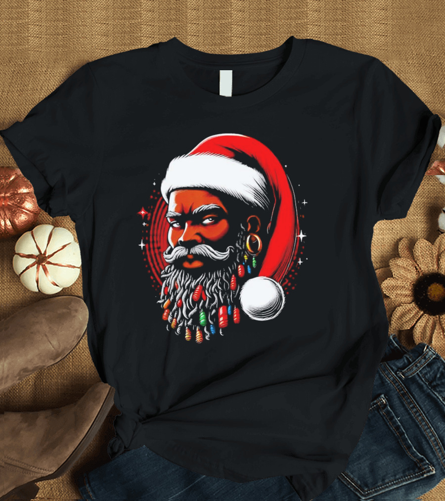 Santa African Christmas Festive Lights Beard Santa Hat T-Shirt