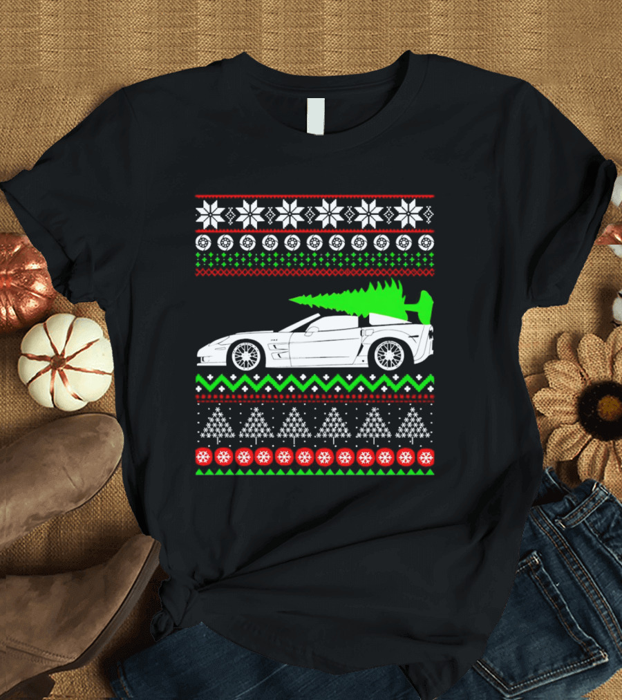 Corvette C6 Ugly Christmas Sweater Car And Tree T-Shirt