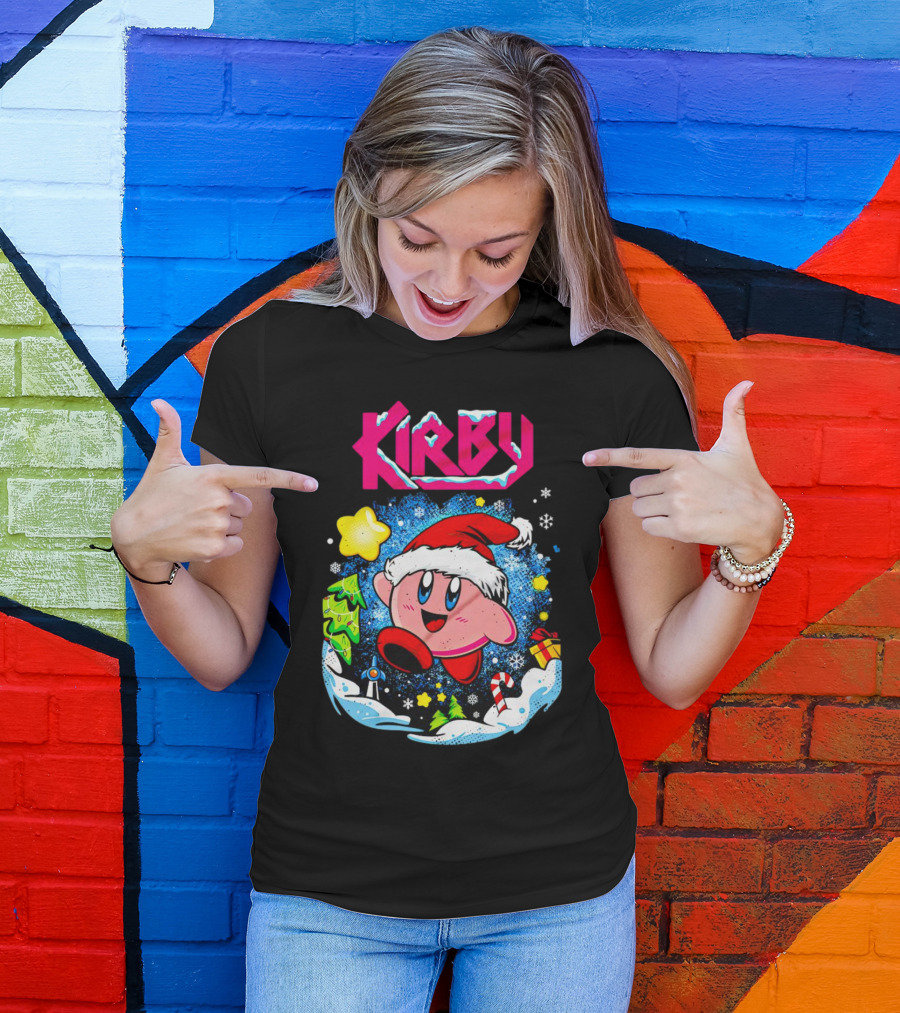 Kirby Holiday Snow Adventure With Kreator Style Santa Hat And Winter Delights T-Shirt